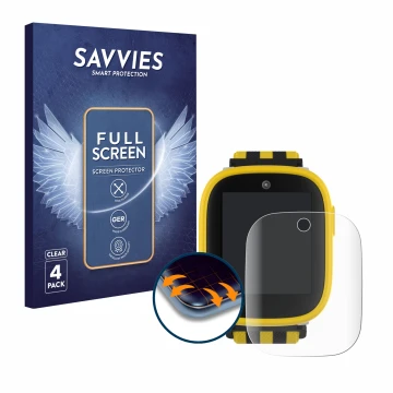 Front side of a product packaging with the brand logo Savvies. Next to it is the device Xplora X6 Play BVB-Edition shown with 