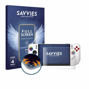 Front side of a product packaging with the brand logo Savvies. Next to it is the device MSI Claw A8 BZ2EM shown with the corre