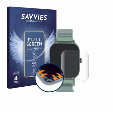 Front side of a product packaging with the brand logo Savvies. Next to it is the device Decathlon Fit 100s shown with the corr