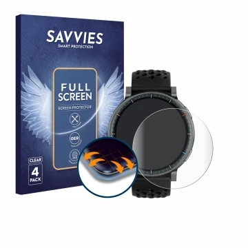 Front side of a product packaging with the brand logo Savvies. Next to it is the device Amazfit Active Max shown with the corr