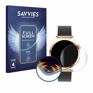 Front side of a product packaging with the brand logo Savvies. Next to it is the device Niolina Smartwatch 1.27