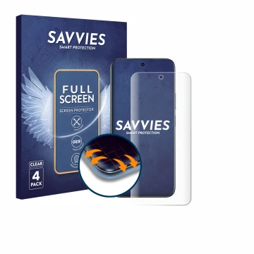 Front side of a product packaging with the brand logo Savvies. Next to it is the device realme C85 4G shown with the correspon