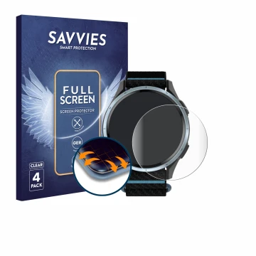 Front side of a product packaging with the brand logo Savvies. Next to it is the device Garmin Approach J1 shown with the corr