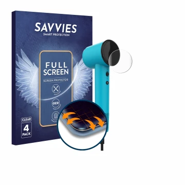 Front side of a product packaging with the brand logo Savvies. Next to it is the device Cecotec DryNova shown with the corresp