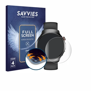 Front side of a product packaging with the brand logo Savvies. Next to it is the device Smartwatch ET460 1.47