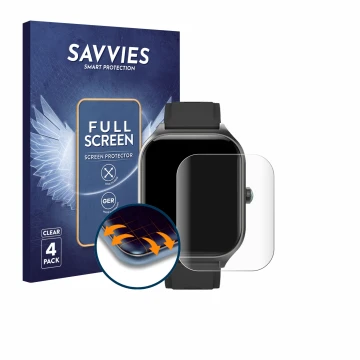 Front side of a product packaging with the brand logo Savvies. Next to it is the device FORRLITE Smartwatch 2.01