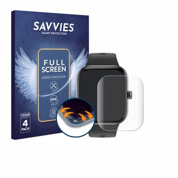 Front side of a product packaging with the brand logo Savvies. Next to it is the device Honor Choice InFoWear Watch 2 Pro show