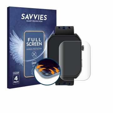 Front side of a product packaging with the brand logo Savvies. Next to it is the device Reebok Icon Smartwatch shown with the 