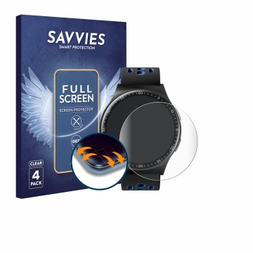 Front side of a product packaging with the brand logo Savvies. Next to it is the device Reebok Pulse Smartwatch shown with the