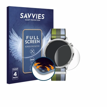 Front side of a product packaging with the brand logo Savvies. Next to it is the device Oppo Watch S shown with the correspond