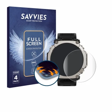 Front side of a product packaging with the brand logo Savvies. Next to it is the device Huami Amazfit T-Rex Ultra 2 shown with