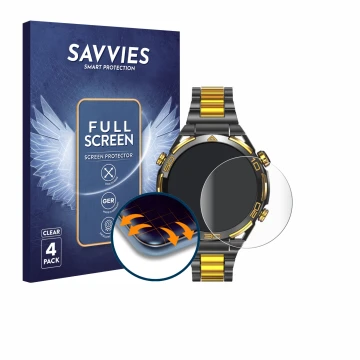 Front side of a product packaging with the brand logo Savvies. Next to it is the device Blackview W90 Pro shown with the corre
