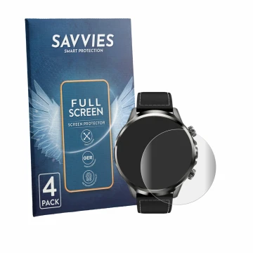 Front side of a product packaging with the brand logo Savvies. Next to it is the device Black Shark Watch X shown with the cor