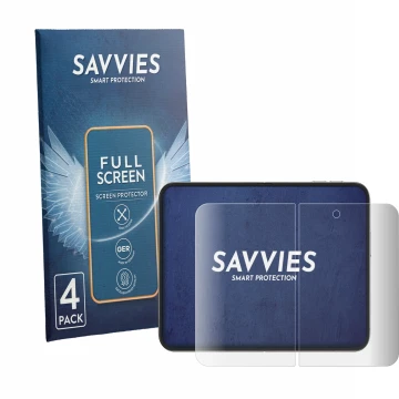 Front side of a product packaging with the brand logo Savvies. Next to it is the device Apple iPhone Duo (Inner display) shown