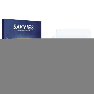 Front side of a product packaging with the brand logo Savvies. Next to it is the corresponding screen protector.