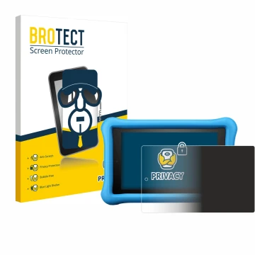 Front side of a product packaging with the brand logo BROTECT. Next to it is the device Amazon Fire HD 8 Kids Edition 2018 (8t