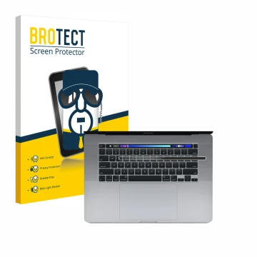 Front side of a product packaging with the brand logo BROTECT. Next to it is the device Apple MacBook Pro 16