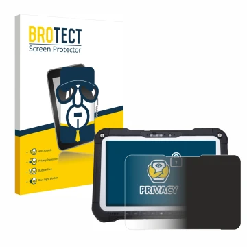 Front side of a product packaging with the brand logo BROTECT. Next to it is the device Panasonic Toughbook FZ-G2 shown with t