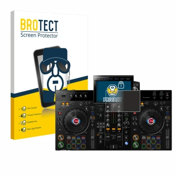Front side of a product packaging with the brand logo BROTECT. Next to it is the device Pioneer XDJ-RX3 shown with the corresp