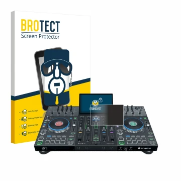 Front side of a product packaging with the brand logo BROTECT. Next to it is the device Denon DJ Prime 4 shown with the corres