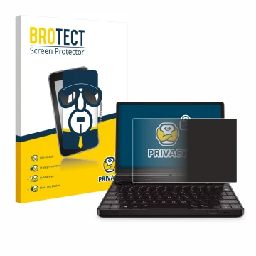 Front side of a product packaging with the brand logo BROTECT. Next to it is the device GPD Win Max 2 shown with the correspon