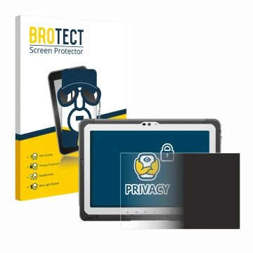 Front side of a product packaging with the brand logo BROTECT. Next to it is the device Panasonic Toughbook FZ-A3 shown with t