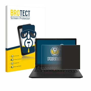 Front side of a product packaging with the brand logo BROTECT. Next to it is the device Lenovo ThinkPad X13 Gen 3 shown with t
