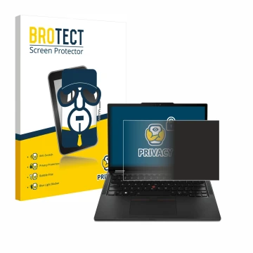 Front side of a product packaging with the brand logo BROTECT. Next to it is the device Lenovo ThinkPad X13 Gen 4 shown with t