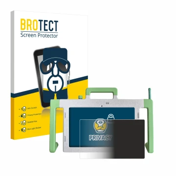 Front side of a product packaging with the brand logo BROTECT. Next to it is the device Telemarie Tablet 10.1