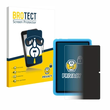 Front side of a product packaging with the brand logo BROTECT. Next to it is the device Blackview Tab 8 Kids shown with the co