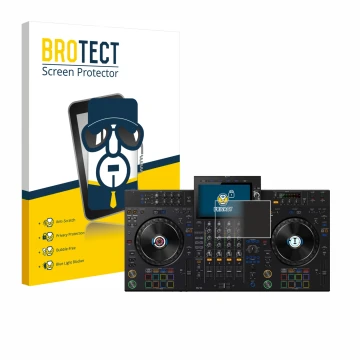 Front side of a product packaging with the brand logo BROTECT. Next to it is the device Pioneer XDJ-AZ shown with the correspo