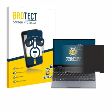 Front side of a product packaging with the brand logo BROTECT. Next to it is the device Chuwi MiniBook X N150 shown with the c