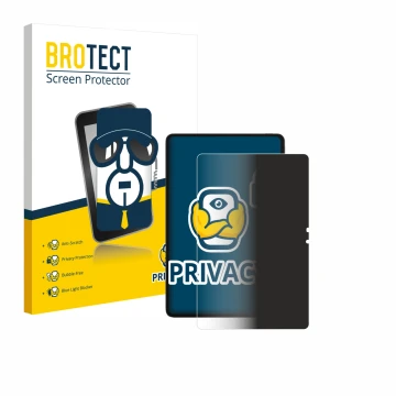 Front side of a product packaging with the brand logo BROTECT. Next to it is the device Blackview Mega 3 shown with the corres