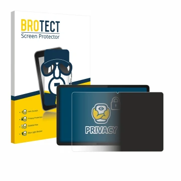 Front side of a product packaging with the brand logo BROTECT. Next to it is the device Lenovo Tab K11e shown with the corresp