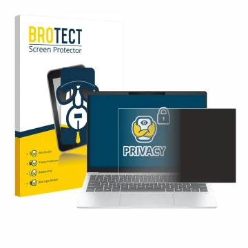 Front side of a product packaging with the brand logo BROTECT. Next to it is the device HP OmniBook 7 Aero 13 shown with the c