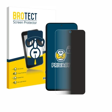 Front side of a product packaging with the brand logo BROTECT. Next to it is the device Xiaomi Poco M7 Plus shown with the cor