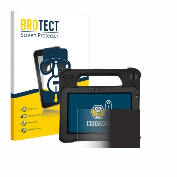 Front side of a product packaging with the brand logo BROTECT. Next to it is the device Zebra XPad L10ax shown with the corres