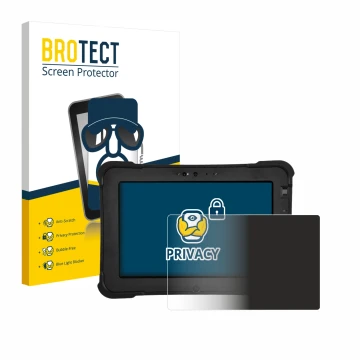 Front side of a product packaging with the brand logo BROTECT. Next to it is the device Zebra XSlate L10ax shown with the corr