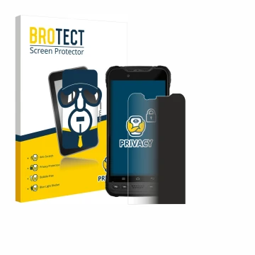Front side of a product packaging with the brand logo BROTECT. Next to it is the device Zebra Xplore M60 shown with the corres