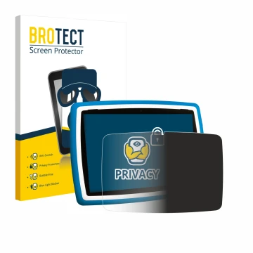 Front side of a product packaging with the brand logo BROTECT. Next to it is the device Lisciani Mio Tab 10 Tutor XL shown wit