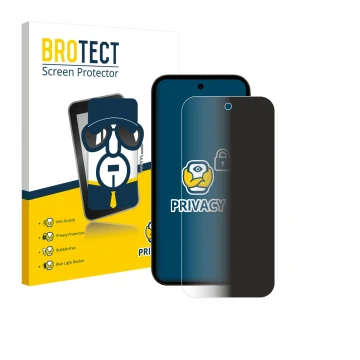 Front side of a product packaging with the brand logo BROTECT. Next to it is the device Google Pixel 10a shown with the corres
