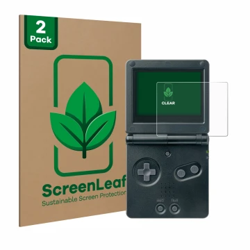 Front side of a product packaging with the brand logo ScreenLeaf. Next to it is the device Nintendo Gameboy Advance GBA SP sho