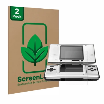 Front side of a product packaging with the brand logo ScreenLeaf. Next to it is the device Nintendo DS shown with the correspo