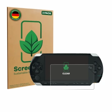 Front side of a product packaging with the brand logo ScreenLeaf. Next to it is the device Sony PSP 1000 shown with the corres