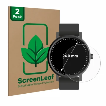 Front side of a product packaging with the brand logo ScreenLeaf. Next to it is the device Watches (Circular, ø: 24 mm) shown 