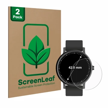 Front side of a product packaging with the brand logo ScreenLeaf. Next to it is the device Watches (Circular, ø: 42 mm) shown 