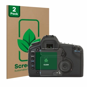 Front side of a product packaging with the brand logo ScreenLeaf. Next to it is the device Canon EOS 5D shown with the corresp