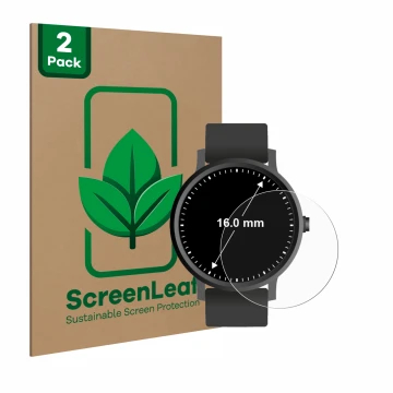 Front side of a product packaging with the brand logo ScreenLeaf. Next to it is the device Watches (Circular, ø: 16 mm) shown 