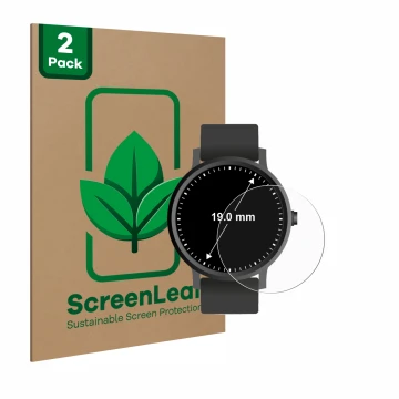 Front side of a product packaging with the brand logo ScreenLeaf. Next to it is the device Watches (Circular, ø: 19 mm) shown 