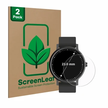 Front side of a product packaging with the brand logo ScreenLeaf. Next to it is the device Watches (Circular, ø: 23 mm) shown 
